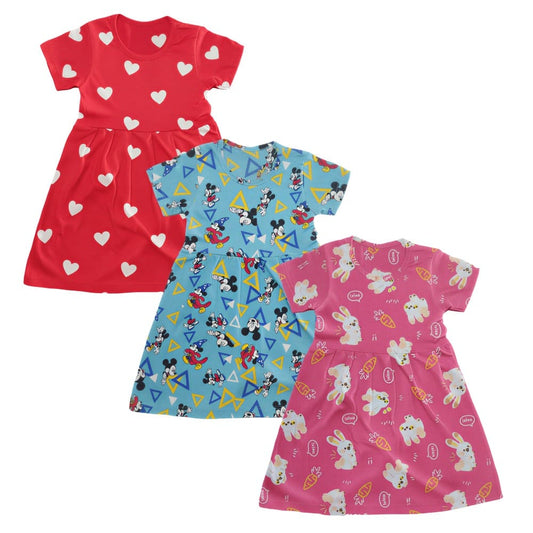 Tribe Tech Baby Girls Regular Fit 100% Cotton Half Sleeve Girls Knee Length Frock Pack of 3