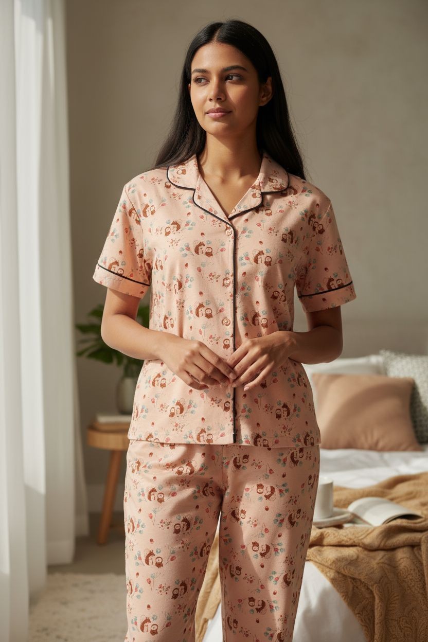 Women’s Princess Collar Pyjama Set with Pocket – Soft & Comfortable Nightwear