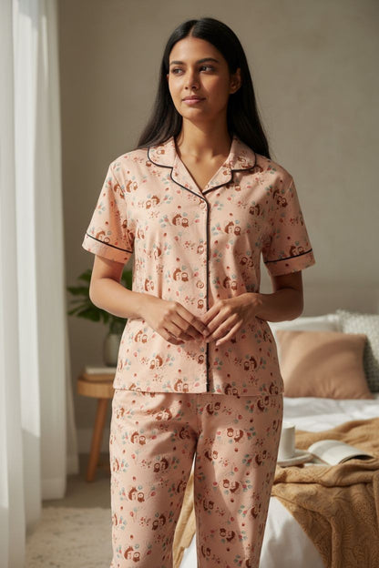 Women’s Princess Collar Pyjama Set with Pocket – Soft & Comfortable Nightwear