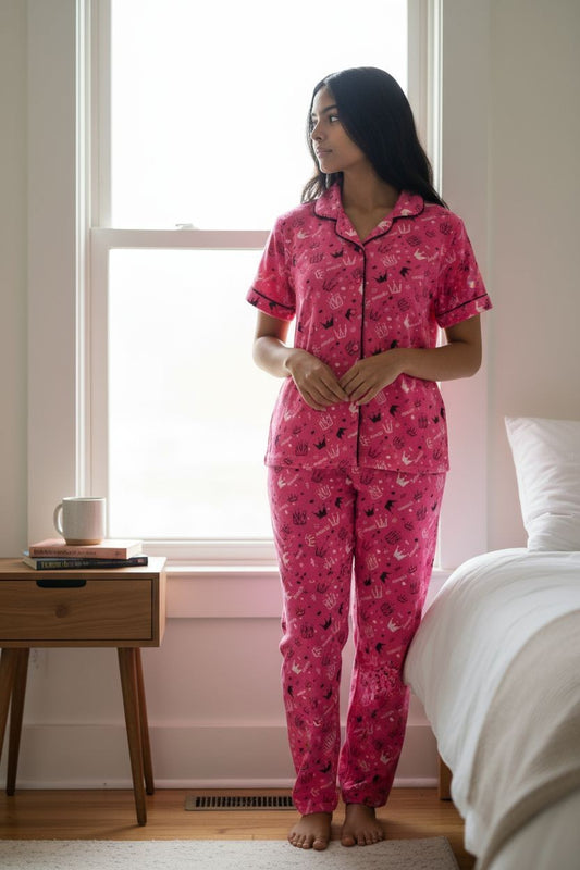 Women’s Princess Collar Pyjama Set with Pocket – Soft & Comfortable Nightwear