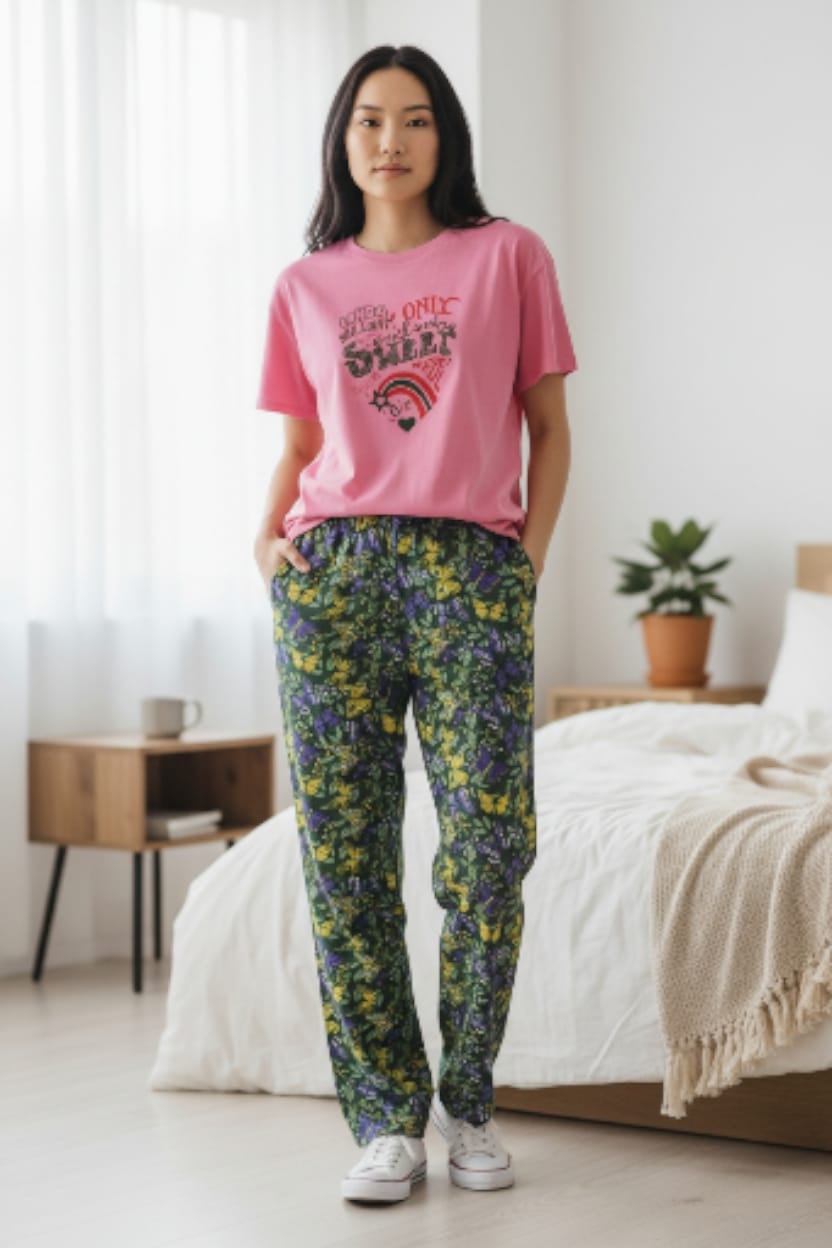 Women's Cotton Printed Night Suit Set of T-Shirt & Pyjama, Night wear Dress, Relaxed wear for Women/Girls