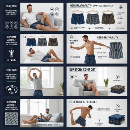 Men's Cotton Checkered Boxer Shorts, Pack of 3, Multi-Color Boxer