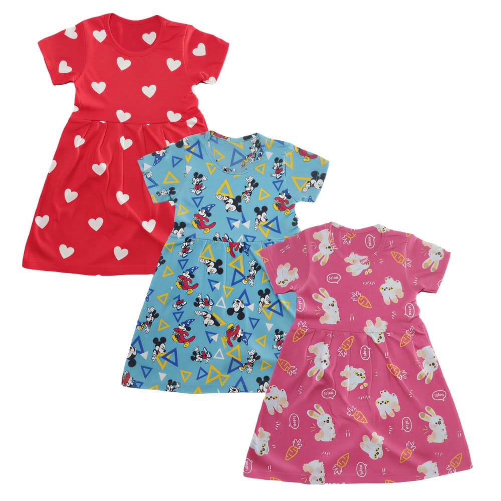 Tribe Tech Baby Girls Regular Fit 100% Cotton Half Sleeve Girls Knee Length Frock Pack of 3