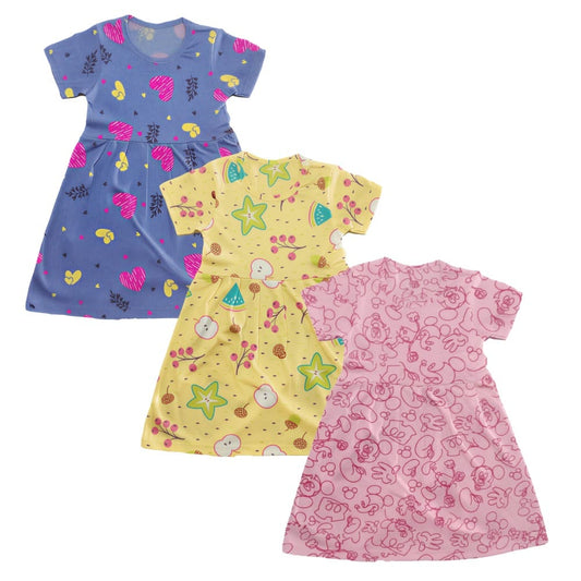 Tribe Tech Baby Girls Regular Fit 100% Cotton Half Sleeve Girls Knee Length Frock Pack of 3